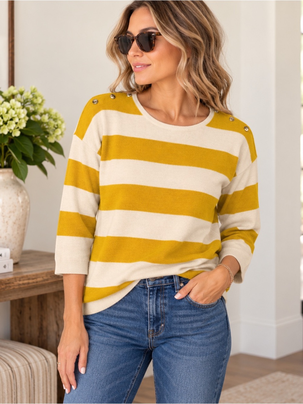 Boden Cashmere Blend Mustard Ivory Striped Sweater Size 6